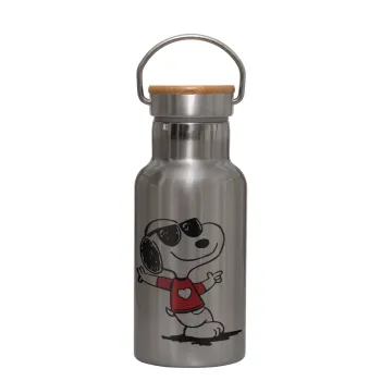 Snoopy καρδούλα, Stainless steel metallic thermos flask, silver with a bamboo lid, double-walled, 350ml.