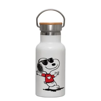 Snoopy καρδούλα, Μεταλλικό παγούρι θερμός (Stainless steel) Λευκό με ξύλινο καπακι (bamboo), διπλού τοιχώματος, 350ml