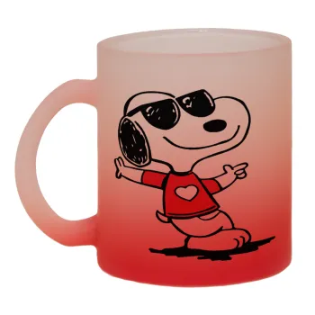 Snoopy καρδούλα, Κούπα γυάλινη δίχρωμη με βάση το κόκκινο ματ, 330ml