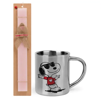 Snoopy καρδούλα, Easter Set, metallic thermal cup (300ml) & aromatic flat Easter candle (30cm) (PINK)
