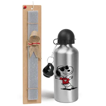 Snoopy καρδούλα, Easter Set, metallic silver aluminum water bottle (500ml) & aromatic flat Easter candle (30cm) (GRAY)