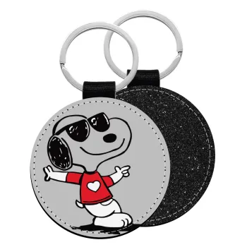 Snoopy καρδούλα, Μπρελόκ Δερματίνη, στρογγυλό ΜΑΥΡΟ (5cm)
