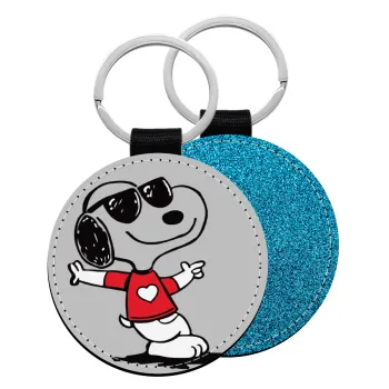 Snoopy καρδούλα, Μπρελόκ Δερματίνη, στρογγυλό ΜΠΛΕ (5cm)