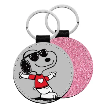 Snoopy καρδούλα, Μπρελόκ Δερματίνη, στρογγυλό ΡΟΖ (5cm)