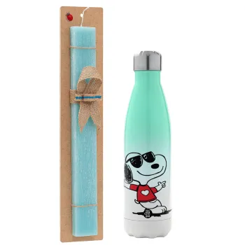 Snoopy καρδούλα, Easter Set, Metallic green/white thermos (Stainless steel), double-walled, 500ml & scented flat Easter candle (30cm) (TURQUOISE)