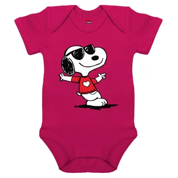 Snoopy καρδούλα, Βρεφικό φορμάκι μωρού, 0-18 μηνών, ΡΟΖ, 100% Organic Cotton, κοντομάνικο