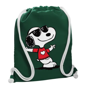 Snoopy καρδούλα, Τσάντα πλάτης πουγκί GYMBAG BOTTLE GREEN, με τσέπη (40x48cm) & χονδρά λευκά κορδόνια