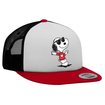 Snoopy καρδούλα, Adult Foam Flat Snapback with Mesh Red-White-Black (POLYESTER, ADULT, UNISEX, ONE SIZE)