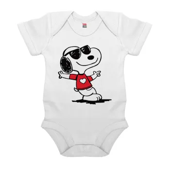 Snoopy καρδούλα, Βρεφικό φορμάκι μωρού, 0-24 μηνών, ΛΕΥΚΟ, 100% Organic Cotton, κοντομάνικο