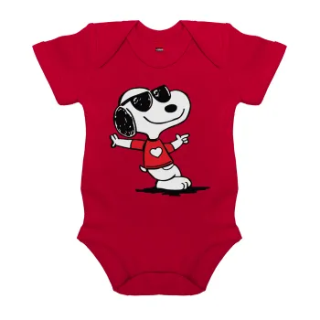 Snoopy καρδούλα, Βρεφικό φορμάκι μωρού, ΚΟΚΚΙΝΟ, 100% Organic Cotton, κοντομάνικο