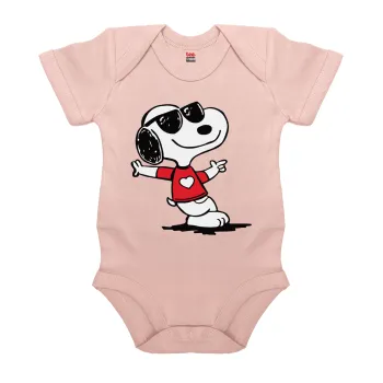 Snoopy καρδούλα, Βρεφικό φορμάκι μωρού, 0-18 μηνών, ΡΟΖ POWDER, 100% Organic Cotton, κοντομάνικο