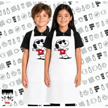 Snoopy καρδούλα, Λευκή ΠΑΙΔΙΚΗ Ποδιά μακριά Σεφ ολόσωμη με τσέπες