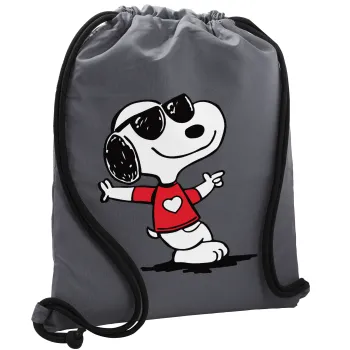 Snoopy καρδούλα, Backpack pouch GYMBAG GREY, with pocket (40x48cm) & thick cords