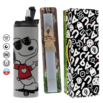 Snoopy καρδούλα, Πασχαλινή Λαμπάδα με Travel Tumbler θερμό (600ml, BPA free) & κερί αρωματικό πλακέ (30cm) (ΓΚΡΙ)