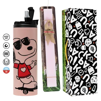 Snoopy καρδούλα, Πασχαλινή Λαμπάδα με  ΡΟΖ Travel Tumbler θερμό (600ml, BPA free) & κερί αρωματικό πλακέ (30cm) (ΡΟΖ)