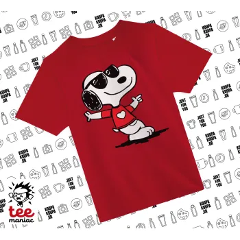 Snoopy καρδούλα, Άνετο παιδικό T-Shirt ΚΟΚΚΙΝΟ από 100% βαμβάκι, για κάθε μέρα. Vegan & OEKO-TEX πιστοποιημένο.