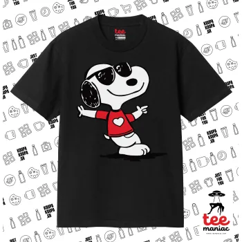 Snoopy καρδούλα, Κλασικό T-Shirt, διπλής ραφής, χωρίς πλευρικές ραφές ΜΑΥΡΟ από 100% βαμβάκι. Vegan & OEKO-TEX πιστοποιημένο.