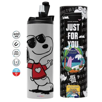 Snoopy καρδούλα, Tumbler ποτήρι θερμό ΓΚΡΙ από ανοξείδωτο ατσάλι 600ml