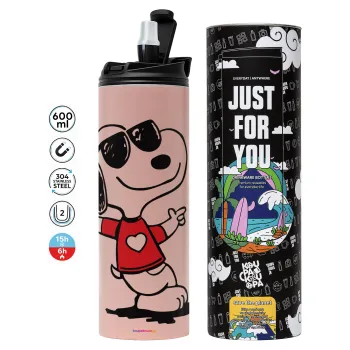 Snoopy καρδούλα, Tumbler ποτήρι θερμό ΡΟΖ από ανοξείδωτο ατσάλι 600ml