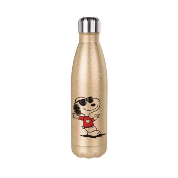 Snoopy καρδούλα, Μεταλλικό παγούρι θερμός Glitter χρυσό (Stainless steel), διπλού τοιχώματος, 500ml
