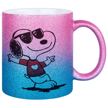 Snoopy καρδούλα, Κούπα Χρυσή/Μπλε Glitter, κεραμική, 330ml