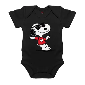 Snoopy καρδούλα, Βρεφικό φορμάκι μωρού, 0-18 μηνών, ΜΑΥΡΟ, 100% Organic Cotton, κοντομάνικο