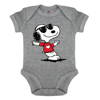 Snoopy καρδούλα, Βρεφικό φορμάκι μωρού, 0-18 μηνών, ΓΚΡΙ ΜΕΛΑΝΖΕ, 100% Organic Cotton, κοντομάνικο