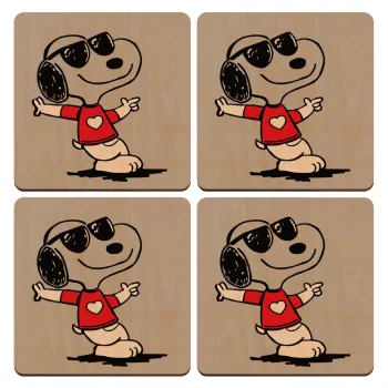 Snoopy καρδούλα, ΣΕΤ x4 Σουβέρ ξύλινα τετράγωνα plywood (9cm)