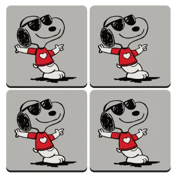Snoopy καρδούλα, ΣΕΤ 4 Σουβέρ ξύλινα τετράγωνα (9cm)