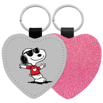 Snoopy καρδούλα, Μπρελόκ PU δερμάτινο glitter καρδιά ΡΟΖ