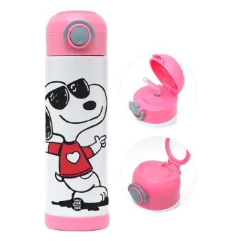 Snoopy καρδούλα, Children's hot water bottle, stainless steel, with safety straw, PINK (500ml)