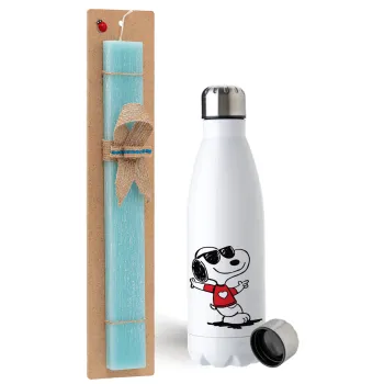 Snoopy καρδούλα, Easter Set, metallic stainless steel water bottle (750ml) & aromatic flat Easter candle (30cm) (TURQUOISE)