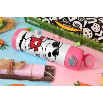 Snoopy καρδούλα, Πασχαλινή Λαμπάδα με Παιδικό παγούρι θερμό, ανοξείδωτο, με καλαμάκι ασφαλείας, ΡΟΖ (500ml)