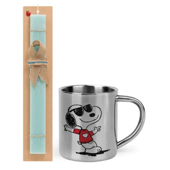 Snoopy καρδούλα, Πασχαλινή Λαμπάδα με μεταλλική κούπα θερμό (300ml) & κερί αρωματικό πλακέ (30cm) (ΤΙΡΚΟΥΑΖ)