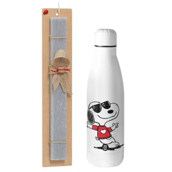 Snoopy καρδούλα, Πασχαλινή Λαμπάδα με μεταλλικό παγούρι θερμός ανοξείδωτο (500ml) & κερί αρωματικό πλακέ (30cm) (ΓΚΡΙ)