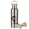 Μεταλλικό παγούρι θερμός (Stainless steel) Ασημένιο με ξύλινο καπακι (bamboo), διπλού τοιχώματος, 750ml