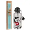 Easter Set, metallic silver aluminum water bottle (500ml) & scented flat Easter candle (30cm) (TURQUOISE)