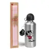 Easter Set, metallic Silver aluminum water bottle (500ml) & scented flat Easter candle (30cm) (PINK)