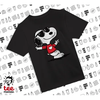 Snoopy καρδούλα, Άνετο παιδικό T-Shirt ΜΑΥΡΟ από 100% βαμβάκι, για κάθε μέρα. Vegan & OEKO-TEX πιστοποιημένο.
