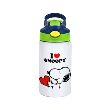 I LOVE SNOOPY, Children's hot water bottle, stainless steel, with safety straw, green, blue (350ml)