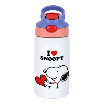 I LOVE SNOOPY, Children's hot water bottle, stainless steel, with safety straw, pink/purple (350ml)