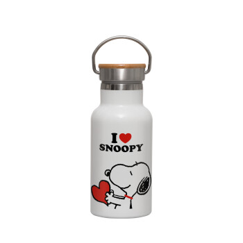 I LOVE SNOOPY, Μεταλλικό παγούρι θερμός (Stainless steel) Λευκό με ξύλινο καπακι (bamboo), διπλού τοιχώματος, 350ml