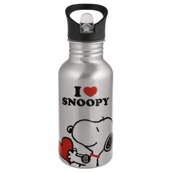 I LOVE SNOOPY, Water bottle Silver with straw, stainless steel 500ml
