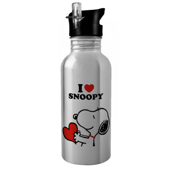 I LOVE SNOOPY, Water bottle Silver with straw, stainless steel 600ml