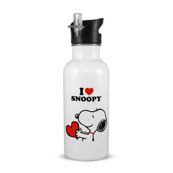 I LOVE SNOOPY, White water bottle with straw, stainless steel 600ml