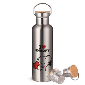 I LOVE SNOOPY, Stainless steel Silver with wooden lid (bamboo), double wall, 750ml