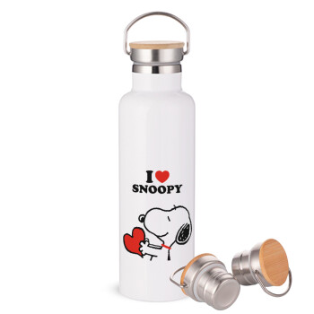 I LOVE SNOOPY, Stainless steel White with wooden lid (bamboo), double wall, 750ml