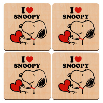I LOVE SNOOPY, ΣΕΤ x4 Σουβέρ ξύλινα τετράγωνα plywood (9cm)