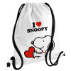 I LOVE SNOOPY, Τσάντα πλάτης πουγκί GYMBAG λευκή, με τσέπη (40x48cm) & χονδρά κορδόνια