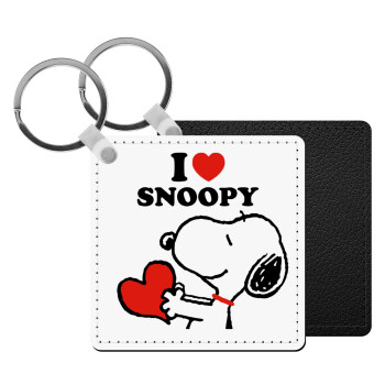 I LOVE SNOOPY, Μπρελόκ Δερματίνη, τετράγωνο ΜΑΥΡΟ (5x5cm)